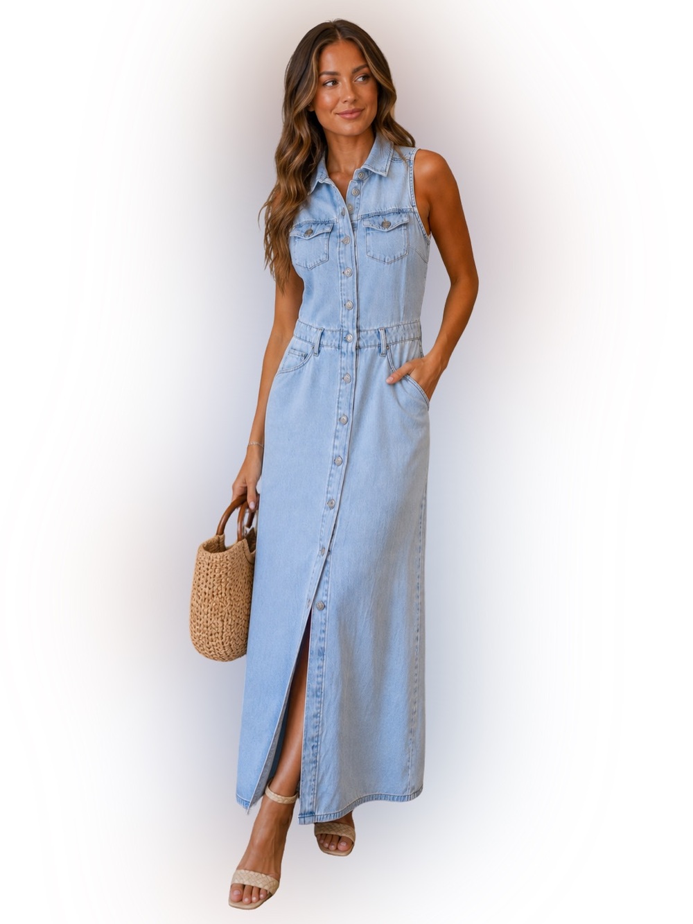 DKNY Jeans XS Light Wash Denim Button Front Maxi Dress Sleeveless
